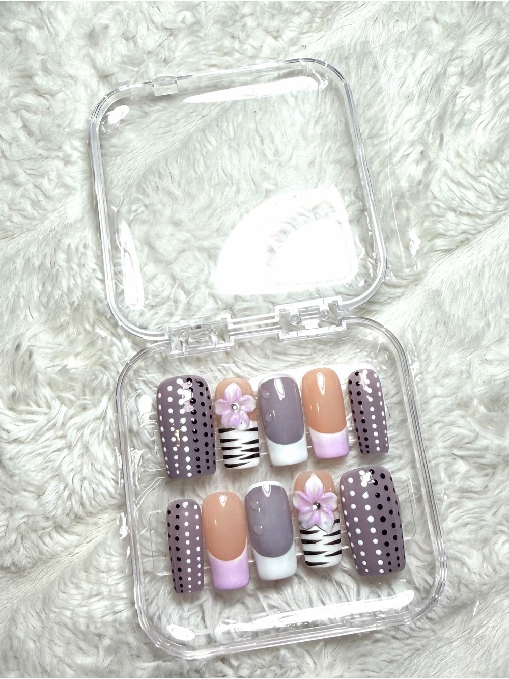 LARGE Lavender & Nude Press-On Nail Set with Floral Accent
